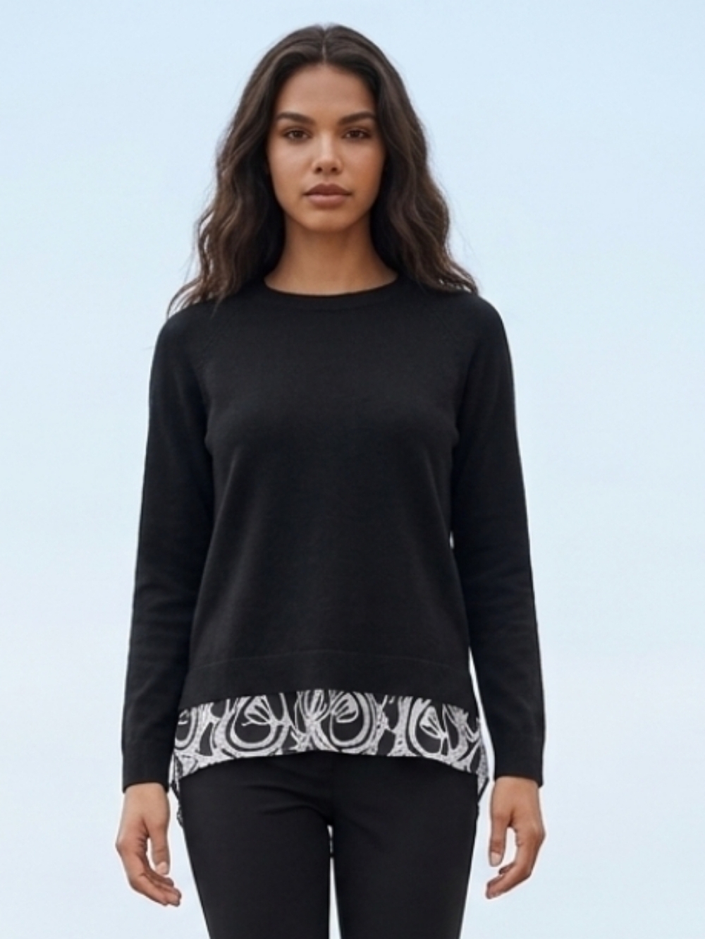 Serra Black Layered Look Sweater with White Printed Hem